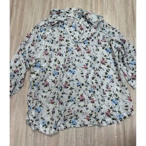 Laura Ashley Womens Floral Print V Neck Long Sleeve Blouse Top Size 1X